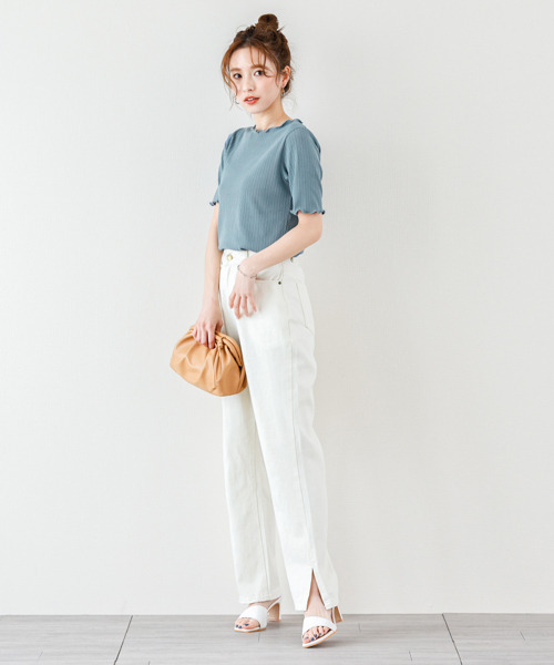 SUGAR BISKET（シュガービスケット）の「メロウフリルリブトップス（Tシャツ/カットソー・レディース・ホワイト/ブラック/ベージュ/オリーブ/ブルー・フリー）」の21枚目の写真