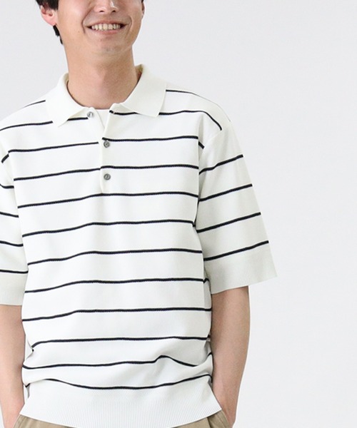 PLUS ONE（プラスワン）の「【PLUS ONE】ウォッシャブルニットポロ（ポロシャツ・メンズ・ホワイト×ネイビー/ベージュ/ネイビー/オフホワイト/グレー/ブラック×ホワイト・L/M/XL）」の3枚目の写真