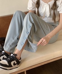 サイドドットボタンデザインチェックセミフレアパンツ