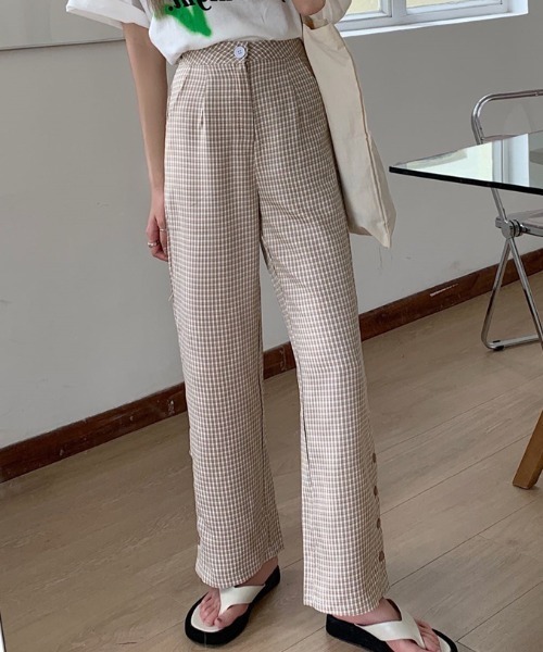 ABITOKYO（アビトーキョー）の「サイドドットボタンデザインチェックセミフレアパンツ（その他パンツ・レディース・ベージュ/ブルー・S/M/L）」の16枚目の写真