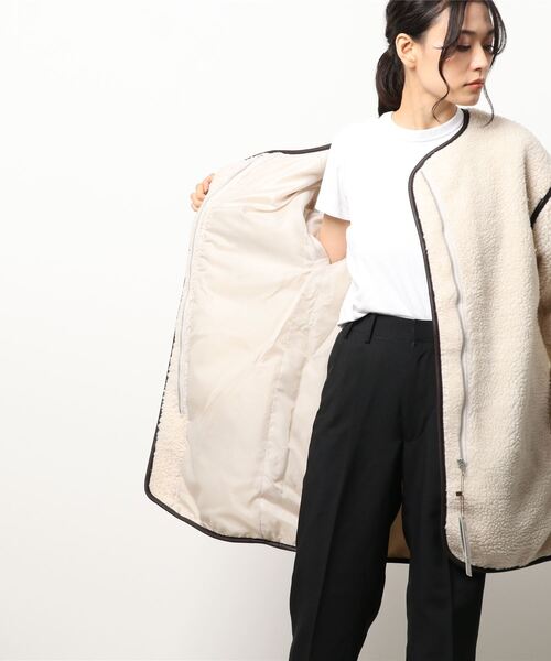 coca（coca）（コカ）の「レザーパイピングノーカラーコート（ノーカラーコート・レディース・ブラウン/アイボリー・ONE SIZE）」の4枚目の写真