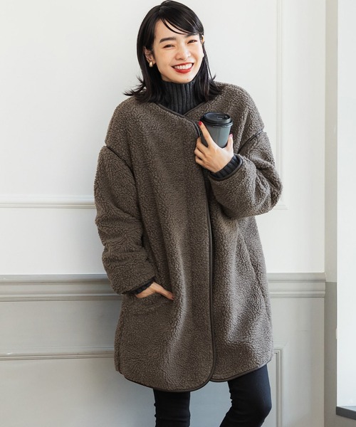 coca（coca）（コカ）の「レザーパイピングノーカラーコート（ノーカラーコート・レディース・ブラウン/アイボリー・ONE SIZE）」の2枚目の写真