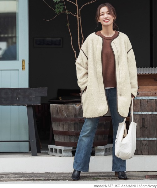 coca（coca）（コカ）の「レザーパイピングノーカラーコート（ノーカラーコート・レディース・ブラウン/アイボリー・ONE SIZE）」の19枚目の写真