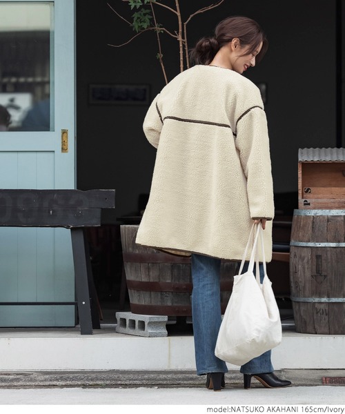 coca（coca）（コカ）の「レザーパイピングノーカラーコート（ノーカラーコート・レディース・ブラウン/アイボリー・ONE SIZE）」の16枚目の写真