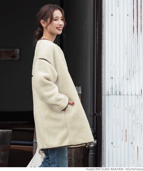 coca（coca）（コカ）の「レザーパイピングノーカラーコート（ノーカラーコート・レディース・ブラウン/アイボリー・ONE SIZE）」の15枚目の写真