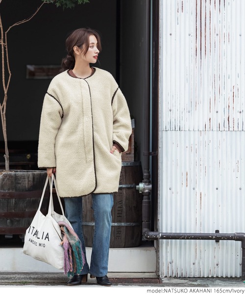 coca（coca）（コカ）の「レザーパイピングノーカラーコート（ノーカラーコート・レディース・ブラウン/アイボリー・ONE SIZE）」の13枚目の写真