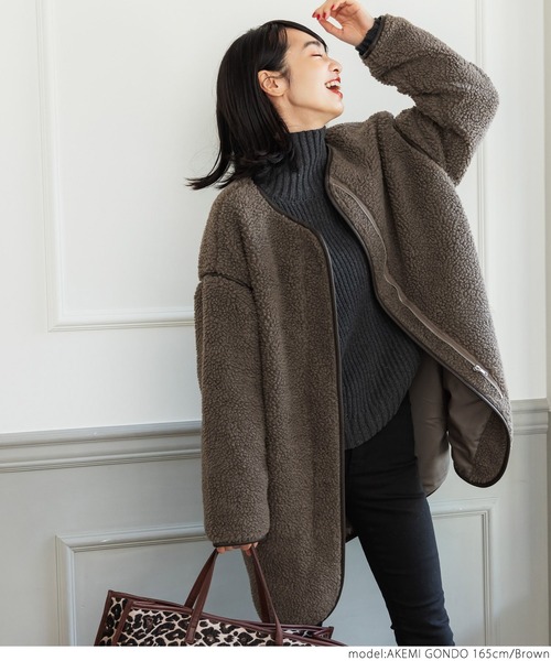 coca（coca）（コカ）の「レザーパイピングノーカラーコート（ノーカラーコート・レディース・ブラウン/アイボリー・ONE SIZE）」の11枚目の写真