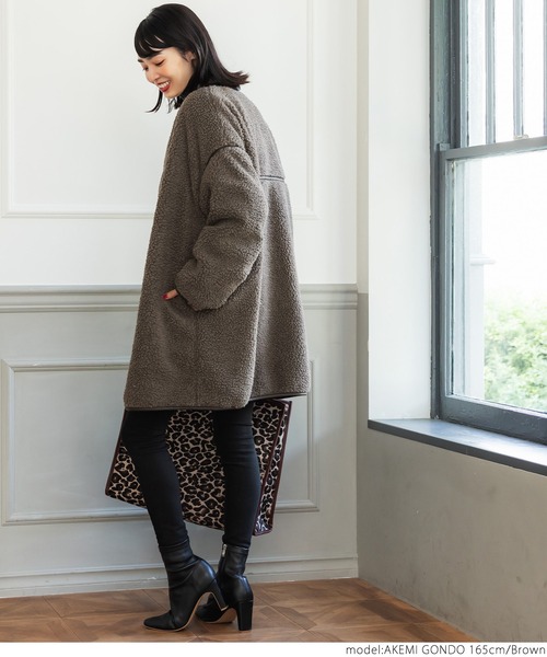 coca（coca）（コカ）の「レザーパイピングノーカラーコート（ノーカラーコート・レディース・ブラウン/アイボリー・ONE SIZE）」の10枚目の写真