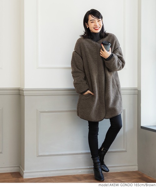 coca（coca）（コカ）の「レザーパイピングノーカラーコート（ノーカラーコート・レディース・ブラウン/アイボリー・ONE SIZE）」の8枚目の写真