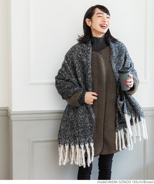 coca（coca）（コカ）の「レザーパイピングノーカラーコート（ノーカラーコート・レディース・ブラウン/アイボリー・ONE SIZE）」の6枚目の写真