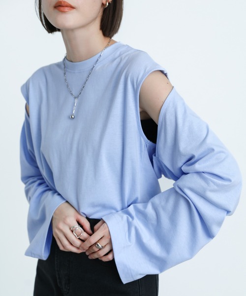 select MOCA(セレクトモカ)の「2WAYレイヤードデザインカットソー(Tシャツ/カットソー・レディース・ブラック/オフホワイト/サックスブルー/ペールイエロー・FREE)」の3枚目の写真