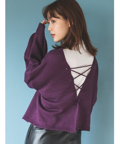 fifth calin(フィフスカラン)の「バックレースアップカラーニット(ニット/セーター・レディース・パープル/マスタード・MEDIUM)」の1枚目の写真