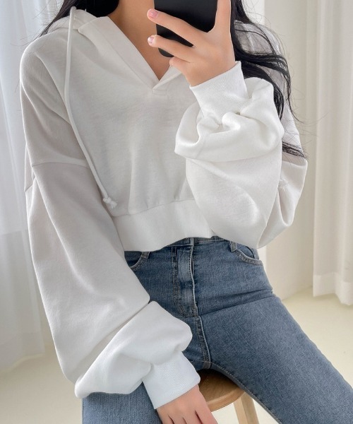 SONA（ソナ）の「SONYUNARA スキッパーネッククロップフーディ（パーカー・レディース・ブラック/ブラウン/アイボリー・FREE）」の14枚目の写真