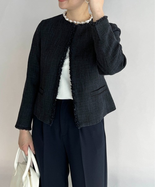 PICCIN（ピッチン）の「ファンシーツイードノーカラージャケット（スーツジャケット・レディース・ブラック/ネイビー・M/L）」の4枚目の写真
