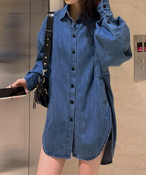 me+em select(ミームセレクト)の「ビッグシルエットヘビーデニムシャツ【ベルト付き】(シャツワンピース・レディース・ダークブルー/ライトブルー・FREE)」の18枚目の写真