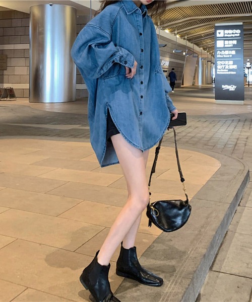 me+em select(ミームセレクト)の「ビッグシルエットヘビーデニムシャツ【ベルト付き】(シャツワンピース・レディース・ダークブルー/ライトブルー・FREE)」の10枚目の写真