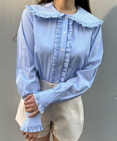 TITTY&CO.（ティティーアンドコー）の「【TITTY&CO.】ビックカラーフリルブラウス（シャツ/ブラウス・レディース・ブルー/ホワイト・FREE）」の3枚目の写真