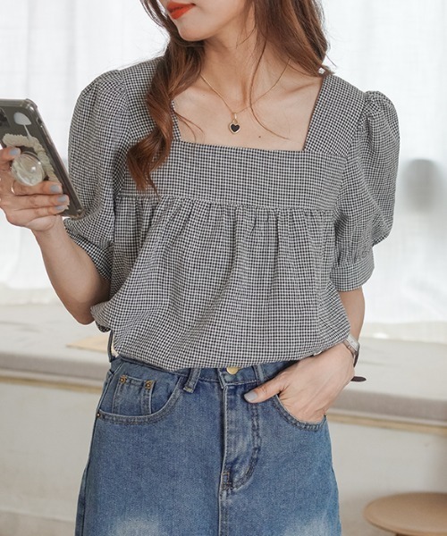 ABITOKYO(アビトーキョー)の「パフスリーブスクエアネックチェック柄ブラウス(シャツ/ブラウス・レディース・ブラック/グリーン/ブルー/ベージュ/グレー・M/L)」の6枚目の写真