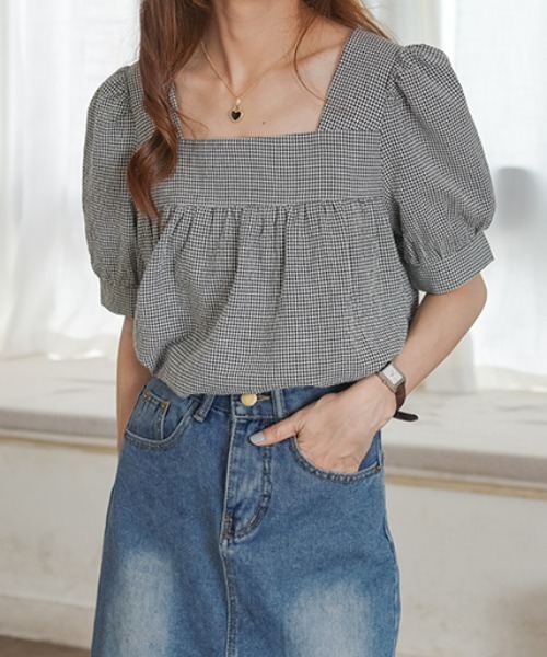 ABITOKYO(アビトーキョー)の「パフスリーブスクエアネックチェック柄ブラウス(シャツ/ブラウス・レディース・ブラック/グリーン/ブルー/ベージュ/グレー・M/L)」の16枚目の写真