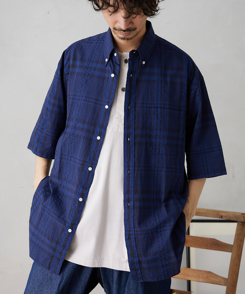 JOURNAL STANDARD relume(ジャーナルスタンダード レリューム)の「オーバーサイズサッカーチェック半袖シャツ(シャツ/ブラウス・メンズ・ホワイト/ネイビー/ブルー・MEDIUM/LARGE)」の12枚目の写真