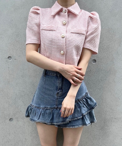 titty＆Co. PETIT by poyo（ティティーアンドコープティバイポヨ）の「【titty&Co.PETIT Produce by POYO】パールボタンツイードトップス（カーディガン/ボレロ・レディース・ピンク・FREE）」の16枚目の写真