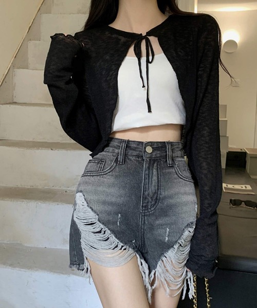 shopnikoniko(ショップニコニコ)の「リボン シアーカーディガン ショート 長袖(カーディガン/ボレロ・レディース・ホワイト/ブラック・フリー)」の15枚目の写真