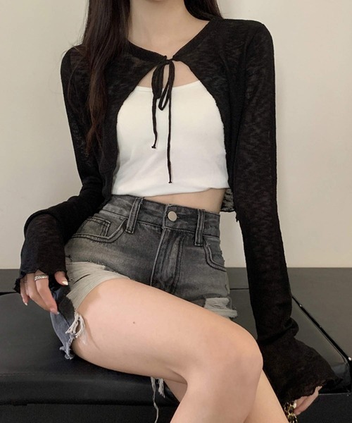 shopnikoniko(ショップニコニコ)の「リボン シアーカーディガン ショート 長袖(カーディガン/ボレロ・レディース・ホワイト/ブラック・フリー)」の4枚目の写真