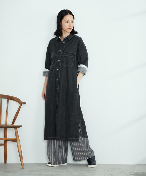 ONIGIRI（オニギリ）の「デニム　シャツワンピース（シャツワンピース・レディース・ネイビー/チャコール・MEDIUM/LARGE）」の5枚目の写真