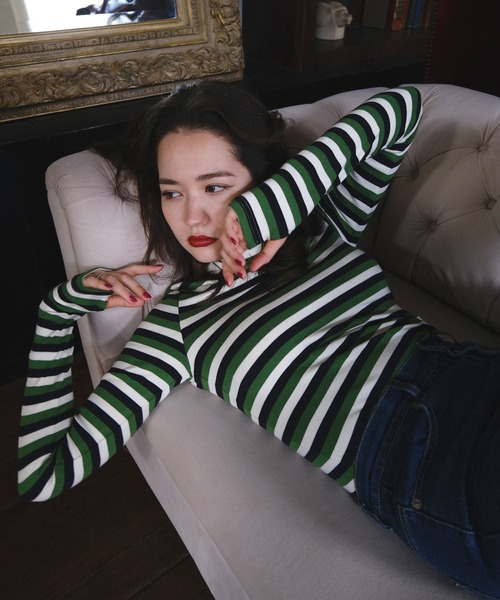 TINA:JOJUN(ティーナジョジュン)の「フレンチ ボーダーカットソー TINA:JOJUN(Tシャツ/カットソー・レディース・グリーン系その他/ホワイト系その他・M)」の3枚目の写真
