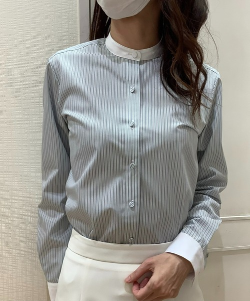 TOKYO SHIRTS(トウキョウシャツ)の「形態安定ノーアイロン クレリックスタンド衿 長袖ビジネスワイシャツ(ビジネスシャツ・レディース・グリーン・S/M/L/LL/XL)」の6枚目の写真