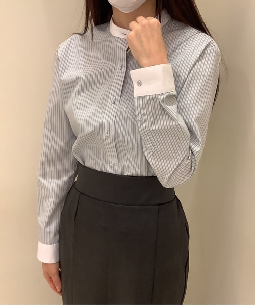 TOKYO SHIRTS(トウキョウシャツ)の「形態安定ノーアイロン クレリックスタンド衿 長袖ビジネスワイシャツ(ビジネスシャツ・レディース・グリーン・S/M/L/LL/XL)」の10枚目の写真