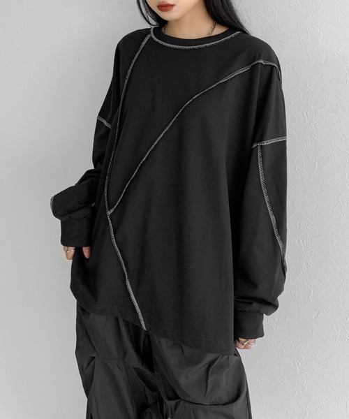LVEU.(ラブユ.)の「Stitch over light sweat / ステッチオーバーライトスウェット(Tシャツ/カットソー・レディース・ホワイト/ブラック・FREE)」の2枚目の写真