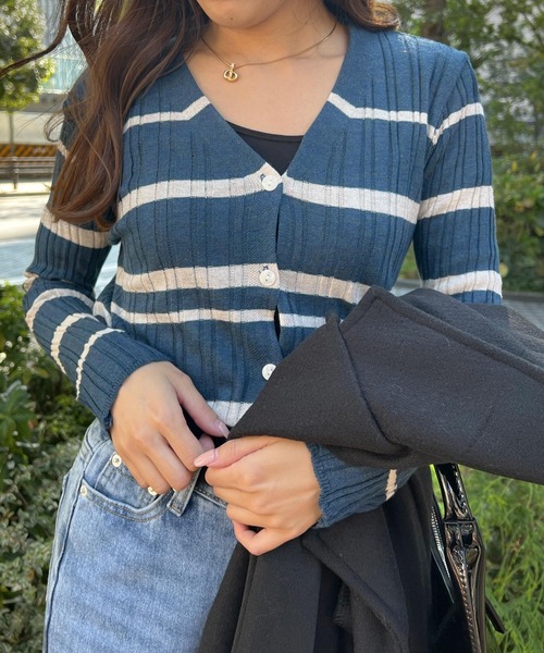 Lamoa(ラモア)の「Lamoa/ボーダー リブニット カーディガン(ニット/セーター・レディース・アイボリー/ブラウン/ブラック/ネイビー/グレー・FREE)」の1枚目の写真