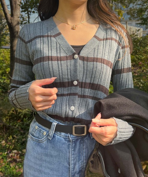 Lamoa(ラモア)の「Lamoa/ボーダー リブニット カーディガン(ニット/セーター・レディース・アイボリー/ブラウン/ブラック/ネイビー/グレー・FREE)」の4枚目の写真