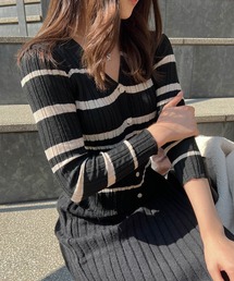Lamoa | Lamoa/ボーダー リブニット カーディガン(ニット/セーター)