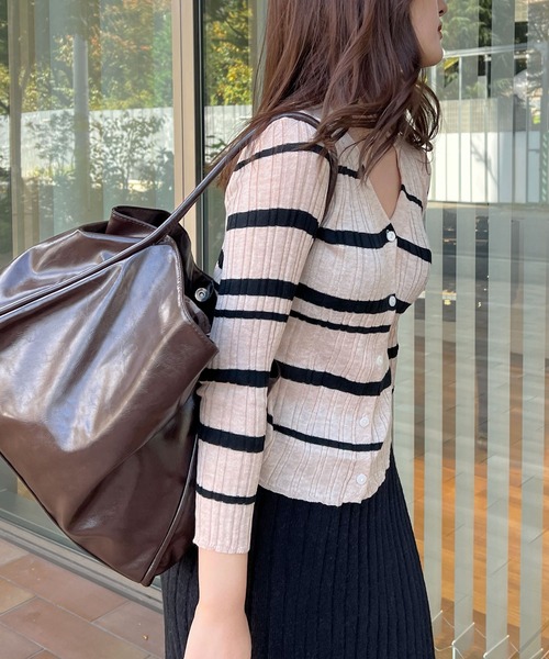 Lamoa(ラモア)の「Lamoa/ボーダー リブニット カーディガン(ニット/セーター・レディース・アイボリー/ブラウン/ブラック/ネイビー/グレー・FREE)」の7枚目の写真