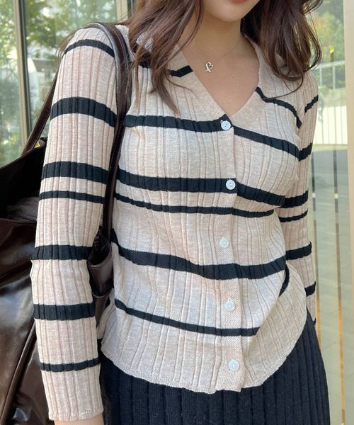 Lamoa(ラモア)の「Lamoa/ボーダー リブニット カーディガン(ニット/セーター・レディース・アイボリー/ブラウン/ブラック/ネイビー/グレー・FREE)」の8枚目の写真