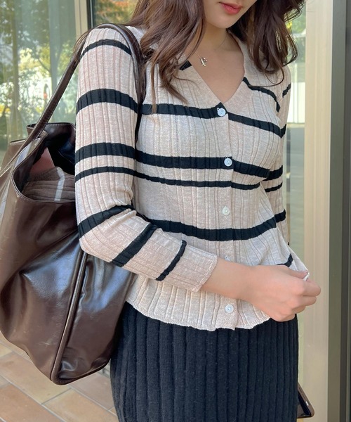 Lamoa(ラモア)の「Lamoa/ボーダー リブニット カーディガン(ニット/セーター・レディース・アイボリー/ブラウン/ブラック/ネイビー/グレー・FREE)」の9枚目の写真