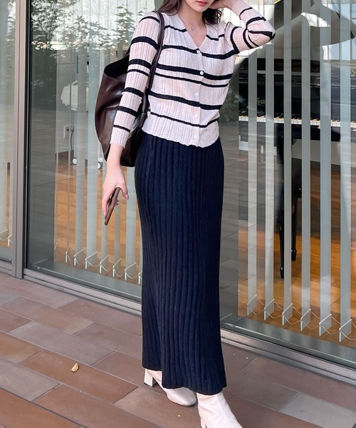 Lamoa(ラモア)の「Lamoa/ボーダー リブニット カーディガン(ニット/セーター・レディース・アイボリー/ブラウン/ブラック/ネイビー/グレー・FREE)」の11枚目の写真