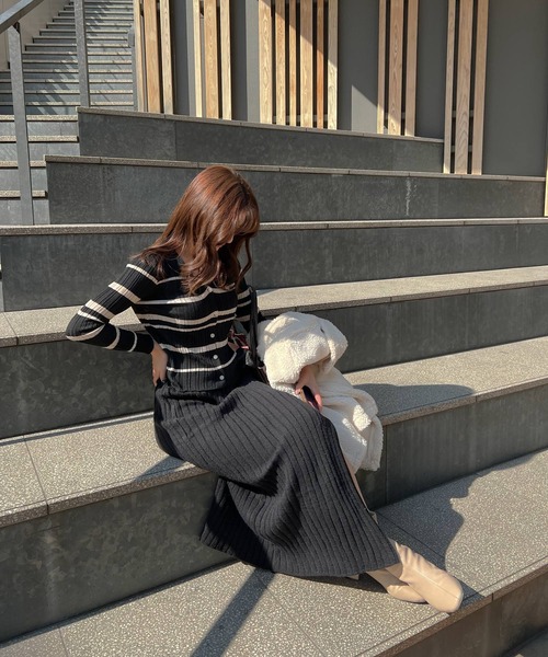 Lamoa(ラモア)の「Lamoa/ボーダー リブニット カーディガン(ニット/セーター・レディース・アイボリー/ブラウン/ブラック/ネイビー/グレー・FREE)」の14枚目の写真