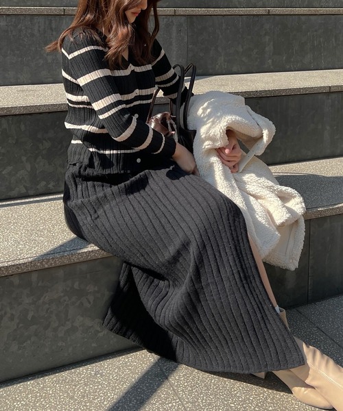 Lamoa(ラモア)の「Lamoa/ボーダー リブニット カーディガン(ニット/セーター・レディース・アイボリー/ブラウン/ブラック/ネイビー/グレー・FREE)」の15枚目の写真