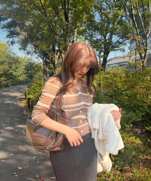 Lamoa(ラモア)の「Lamoa/ボーダー リブニット カーディガン(ニット/セーター・レディース・アイボリー/ブラウン/ブラック/ネイビー/グレー・FREE)」の19枚目の写真