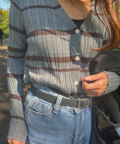 Lamoa(ラモア)の「Lamoa/ボーダー リブニット カーディガン(ニット/セーター・レディース・アイボリー/ブラウン/ブラック/ネイビー/グレー・FREE)」の21枚目の写真