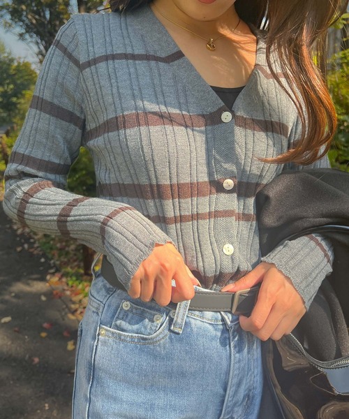 Lamoa(ラモア)の「Lamoa/ボーダー リブニット カーディガン(ニット/セーター・レディース・アイボリー/ブラウン/ブラック/ネイビー/グレー・FREE)」の22枚目の写真