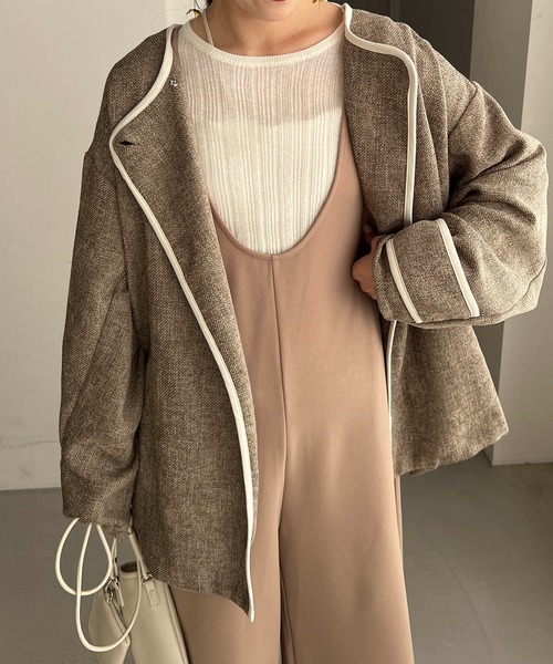 CAPRICIEUX LE'MAGE（カプリシューレマージュ）の「パイピングハーフコート（ノーカラーコート・レディース・アイボリー/グレイッシュベージュ・FREE）」の14枚目の写真