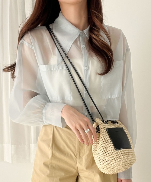 ブラウス シャツ ノーカラーシアーシャツ レディース Heather（ヘザー）の「AZATOシアーショートシャツ 194252