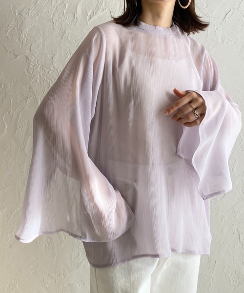 She's Closet（シーズクローゼット）の「スタンドカラーハイネック袖スリットフレアスリーブ長袖シフォンシアーブラウス（シャツ/ブラウス・レディース・ブラック/アイボリー/ラベンダー/ミント・FREE）」の4枚目の写真