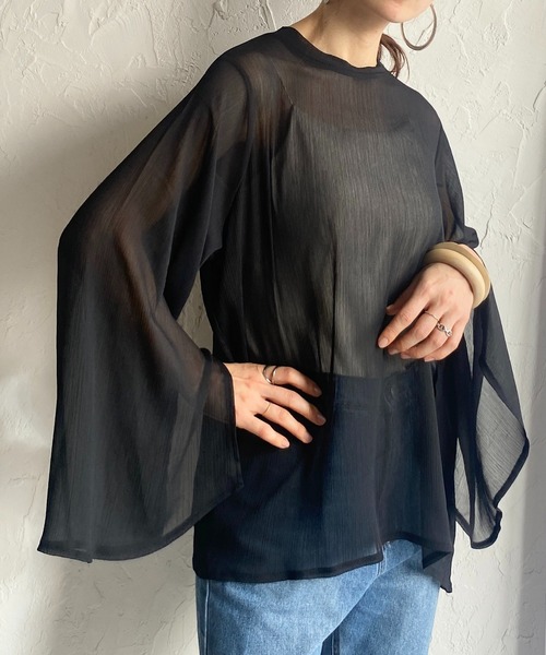 She's Closet（シーズクローゼット）の「スタンドカラーハイネック袖スリットフレアスリーブ長袖シフォンシアーブラウス（シャツ/ブラウス・レディース・ブラック/アイボリー/ラベンダー/ミント・FREE）」の3枚目の写真