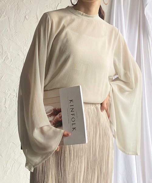 She's Closet（シーズクローゼット）の「スタンドカラーハイネック袖スリットフレアスリーブ長袖シフォンシアーブラウス（シャツ/ブラウス・レディース・ブラック/アイボリー/ラベンダー/ミント・FREE）」の5枚目の写真