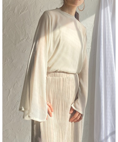 She's Closet（シーズクローゼット）の「スタンドカラーハイネック袖スリットフレアスリーブ長袖シフォンシアーブラウス（シャツ/ブラウス・レディース・ブラック/アイボリー/ラベンダー/ミント・FREE）」の6枚目の写真